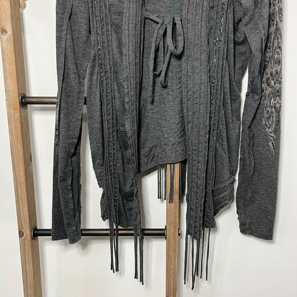 Miss Me Gray Long Sleeve Fringe Cardigan Size Large - Picture 4 of 10